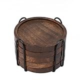 SAMHITA Mangoholz Untersetzer für Getränke mit Eisenhalter Ständer 5er Set...