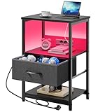 Rolanstar Nachttisch mit LED, Beistelltisch mit Steckdose & Stoffschublade,...