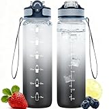 NAVTUE Trinkflasche, 1L Sport-Wasserflasche mit Strohhalm, Zeitmarkierungen,...