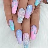 Ceboic 24 Stück Press on Nails Mittel, Macaron Farbe Gradient Nageltips Sarg...