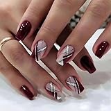 Goiern Press on Nails Medium Fake Nails Square False Nails Weinrot kunstnägel...