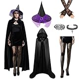 Hexenkostüm Damen, Halloween Kostüm Damen Hexe 6 Stück, 170CM Schwarzer...