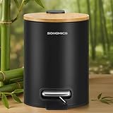 SONGMICS Kosmetikeimer, Mülleimer Bad, mit Deckel aus Bambus, Tretmülleimer...