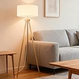 Aigostar Stehlampe Dreibein Holz Wohnzimmer, Stehlampe Vintage mit Leinenschirm...