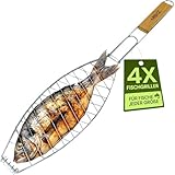 ToCi 4X Fischgriller (Silber) mit Holzgriff | Große Fischbräter Gemüsekorb...