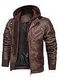 HOOD CREW Herren-Motorradjacke aus Kunstleder, mit abnehmbarer Kapuze, braun,...