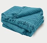 DerF HOME Muslin Decke Cyan 150×200 cm – 4-lagige Baumwoll Decke mit Fransen,...