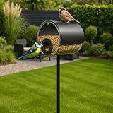 MeLiTec Edelstahl Vogelfutter-Station Fässchen, Vogelhaus schwarz matt,...