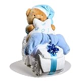 Windeltorte Junge in Blau – Motorrad mit Kuscheltier, Geschenk zur Geburt &...