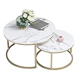 Marmor Couchtisch Gold, Couchtisch 2er Set mit 1 Großer Couchtisch Rund und 1...