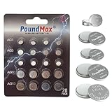 PoundMax Alkaline Knopfzellen-Batterien Sortiment, 20-teilig: 4X AG1, 4X AG3, 4X AG4, 4X AG10, 4X AG13 | 1x 20er Blister