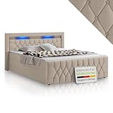 Juskys Boxspringbett Leona 140x200 cm - Bett mit LED Beleuchtung, Topper & H4...