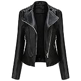 YFFUSHI Damen Lederjacke Kurz Slim PU Leder Jacke Reverskragen Lange Ärmel...
