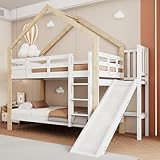 Etagenbett mit Rutsche und dreistufiger Winkelaufstiegsleiter, Hausbett mit mit...