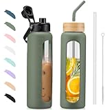 BLUEGO Trinkflasche Glas 900ml Sport Wasserflasche mit 2 Deckeln und Strohhalm...