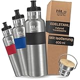 HiLo sports isolierte Trinkflasche Fahrrad Edelstahl 600ml - [Hält 12h warm &...