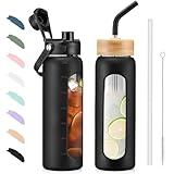 BLUEGO 700ml Glaswasserflasche mit Strohhalm und 2 Deckeln Kaffeetasse aus Glas...