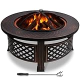 VOUNOT® Feuerschale Ø 81 cm mit Funkenschutz und Schürhaken Metall Feuerkorb...