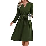 Yageshark Kleider für Damen Midikleid Langarm V-Ausschnitt Einfarbige Hemdkleid...