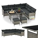 Juskys Polyrattan Lounge Manacor mit Ecksofa, Esstisch, 2 Hocker & Kissen -...