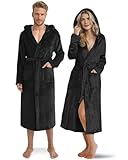 Twinzen Damen & Herren Kuschelfleece Morgenmantel mit Kapuze XXL - Schwarz -...