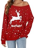 Weihnachtspullover Damen Schulterfreie Langarm Christmas Sweatshirt mit...