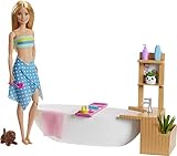Barbie GJN32 - Wellnesstag Puppe (blond) und Spielset, mit Badewanne, Hündchen...