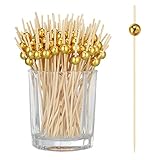 SOSPIRO 200 Stück Cocktailspieße Naturholzspieße mit Gold Acrylperle Holz...