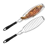 Relaxdays Fischbräter 2er Set, Edelstahl, Gummigriff, 58,5 cm lang, Fischhalter...