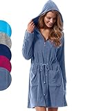 Morgenstern Bademantel Damen dünn leicht Reißverschluss und Kapuze Blau...