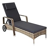 tectake Poly Rattan Gartenliege mit Rollen, 6-Fach höhenverstellbarer...