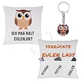 MOAZIFI Eulen Geschenke Kissenbezug 45x45 mit Taschen & Schlüsselanhänger –...