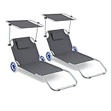 Ansobea 2X Sonnenliege klappbar mit Rollen,Aluminium Sonnenliege mit Sonnendach...
