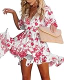 Imily Bela Sommerkleid Damen V Ausschnitt Kurzarm Strandkleid Knielang Blumen...