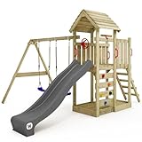 WICKEY Spielturm Klettergerüst MultiFlyer mit Holzdach, Schaukel & anthraziter...