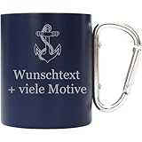 Edelstahl Tasse Blau mit Karabiner 250 ml mit Gravur und Motiv -...