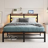 VERFARM Bett 120x200 cm mit LED, Metallbett mit USB-Ladestation & Holzkopfteil...