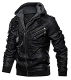 Uusollecy Lederjacke Herren, Kunstlederjacke Mit Abnehmbare Kapuze Schwarz XL