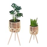 Navaris 2x Blumentopf mit Ständer im Rattan Look - Boho Blumentopf geflochten -...