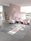 Merinos Kinderteppich Hüpfspiel Teppich Hüpfkästchen in Grau Rosa Creme...
