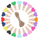 Larrel 50 Stück Herz Holzklammern Klein, Mini Klammern mit 10m Juteschnur Bunte...