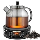 Teekanne mit Siebeinsatz, 1500ml Teekanne mit Stövchen, Schwarz Glas...