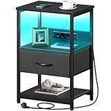 Rolanstar Nachttisch mit LED, Beistelltisch mit Steckdose & Stoffschublade,...