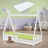 ML-Design Kinderbett Tipi 70x140 cm Weiß mit Matratze, Rausfallschutz und...