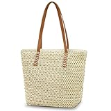 Aucuu Strohtasche, Strandtasche Damen, Stroh Handtasche mit Ledergriffe und...