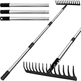Harke Garten mit Stiel, Gartenrechen aus Metall mit 14 Zinken, Laubrechen mit...