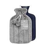 Luxus kuscheligem Kunstfell & Pom Pom Cover + Wärmflasche 2 Liter (Schiefer...