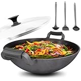 ZAUBERWOK 33cm Gusseisen Wok Induktion - Gusseisenpfanne mit Silikon...