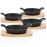 BBQ-Toro Gusseisen Servierpfännchen mit Holzunterlage (4 Stück) | Ø 16 cm |...