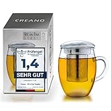 Creano Teeglas all in one 400ml, Große Teetasse mit Edelstahlsieb und Deckel...